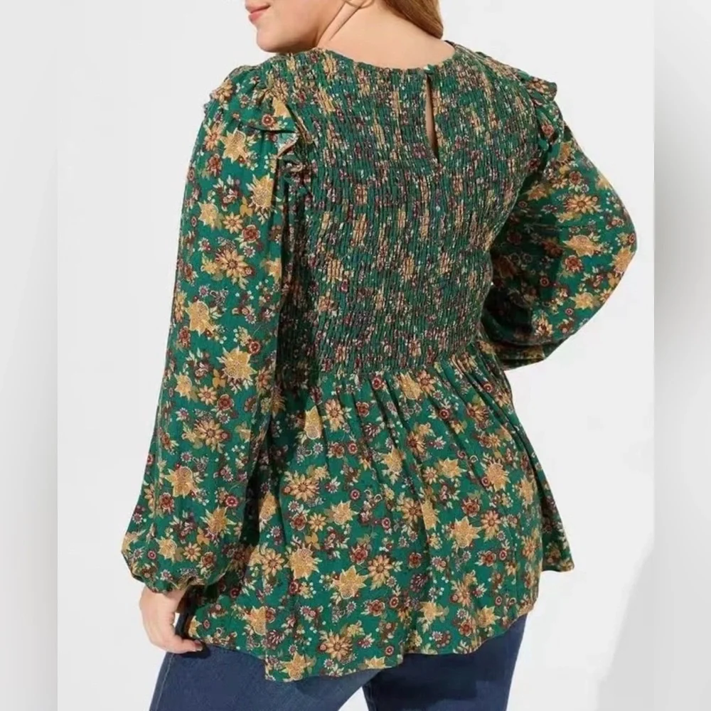 Torrid Green Floral Babydoll Smocked Top Ruffle Accent - Picture 2 of 14